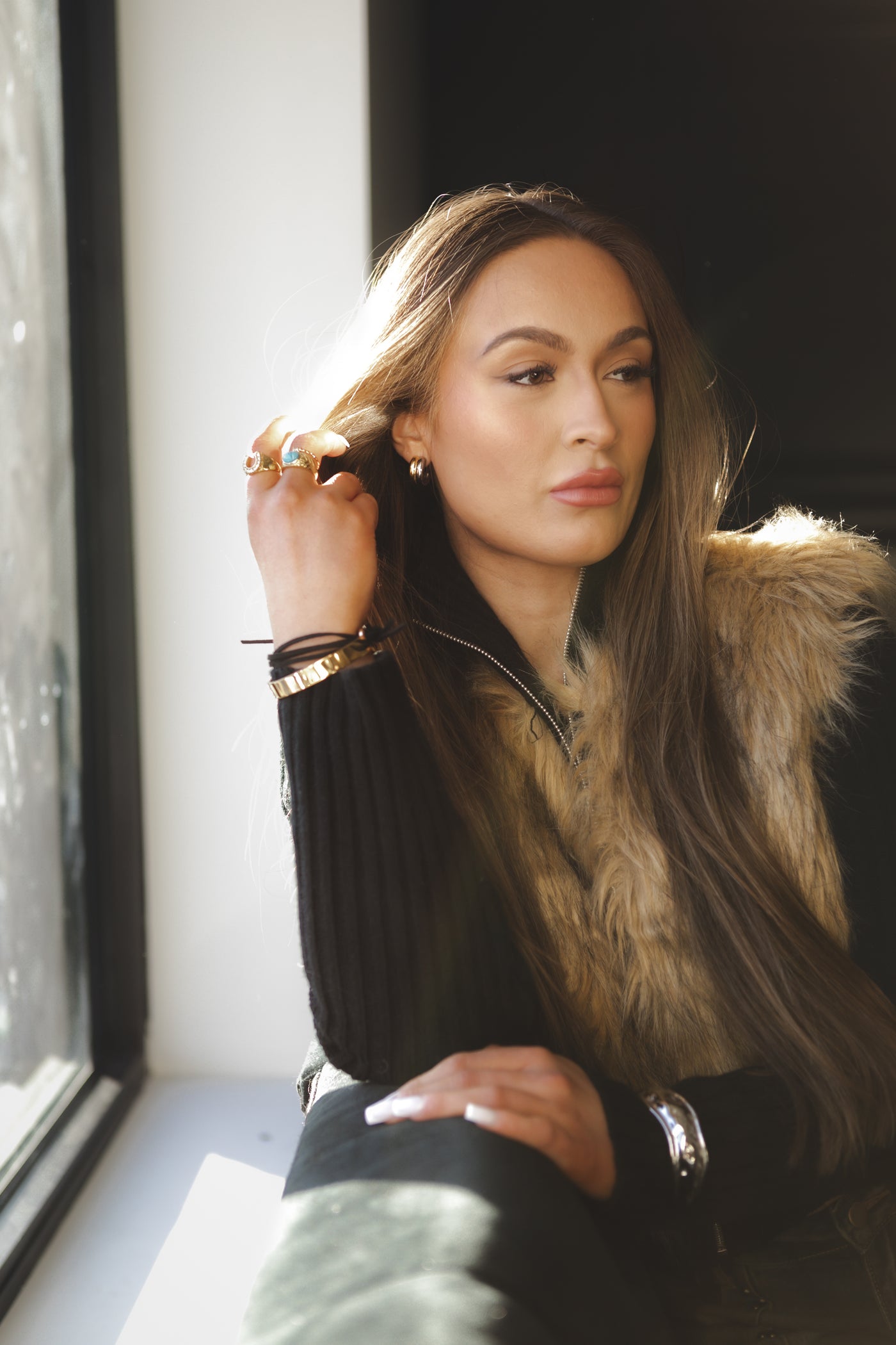 Gold Cuff/Black Leather Wrap Bracelet