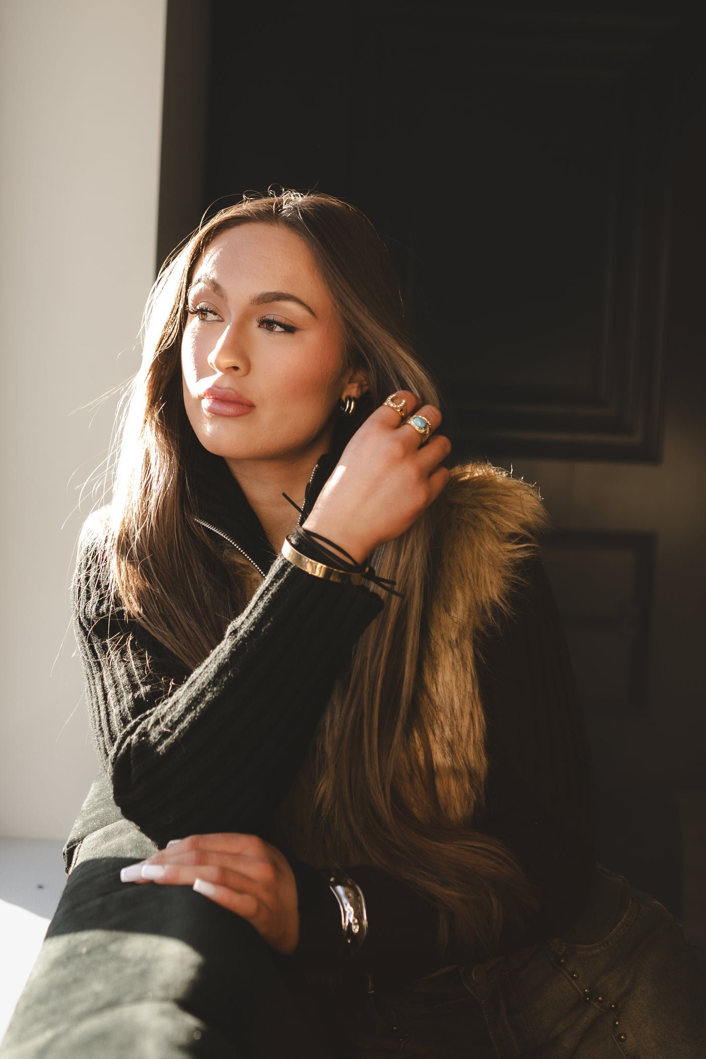 Gold Cuff/Black Leather Wrap Bracelet